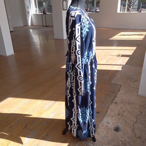 Blue and white geometric/ Western / ethnic printed long maxi button down dress - Picture 3 of 8